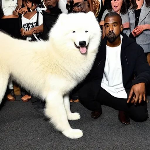 Image similar to kanye west and happy samoyed