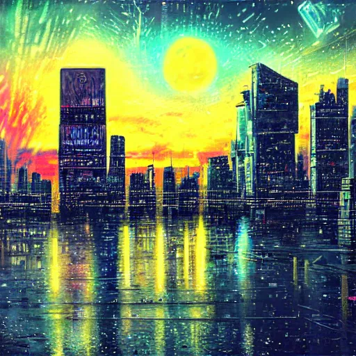 Prompt: cyberpunk dystopian city during a sunset in the style of starry night