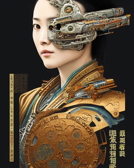 Image similar to portrait of a cyberpunk machine, machine face, upper half portrait, decorated with chinese opera motifs, asian, fine china, wuxia, traditional chinese art, intricate, elegant, highly detailed, symmetry, headpiece, digital painting, artstation concept art smooth sharp focus, illustration, art by artgerm and greg rutkowski alphonse mucha 8 k