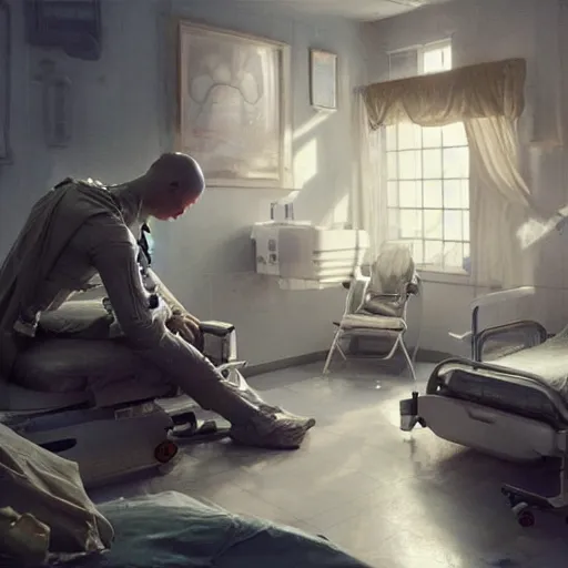 Image similar to epic masterpiece of cinematographic hyperrealism where a robot appears attending to a patient in the hospital. realistic shaded lighting poster by craig mallismo, artgerm, jeremy lipkin and michael garmash, unreal engine, radiant light, detailed and intricate environment, digital art, art station trends