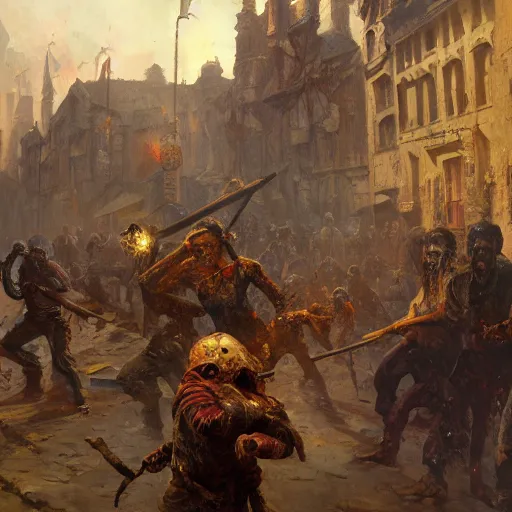 Prompt: zombies attack medieval town, close up, painting by gaston bussiere, craig mullins, j. c. leyendecker, 4 k, 8 k, trending on artstation, artstationhd, artstationhq, highest detail