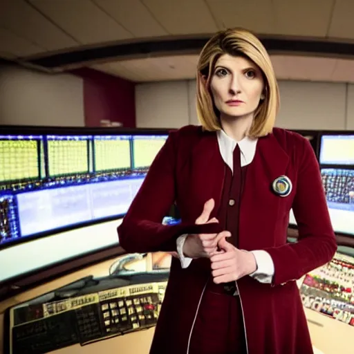 Prompt: Jodie Whittaker as the Doctor in her burgundy costume in the Tardis secondary control room