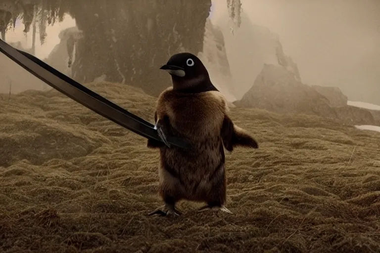 Image similar to vfx movie scene closeup penguin wearing fishbone armor holding a katana sword in a lush arctic. by emmanuel lubezki