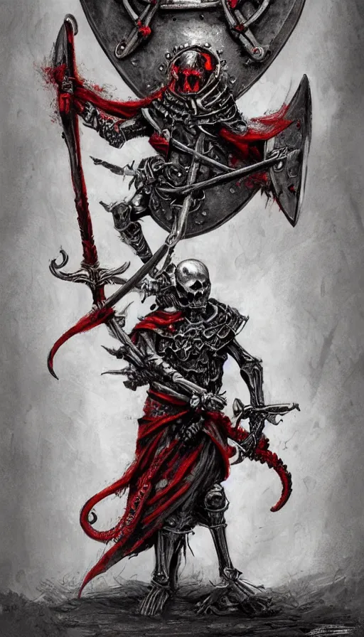 Image similar to concept art of skeleton holding a medieval shield and spear, d & d surrounded by red evil death tentacles, hyper detailed, hyper realistic, dark atmosphere, full body, full frame in the style of frank frazetta