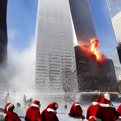 Image similar to santa claus in sleigh crashing directly into world trade center