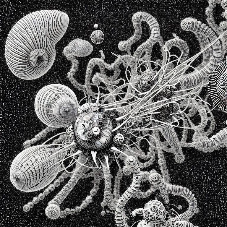 Prompt: a black and white drawing of a variety of sea life and filled with gundam mech equipment space station, a microscopic photo by ernst haeckel, zbrush central, kinetic pointillism, bioluminescence, biomechanical, intricate patterns, photoillustration