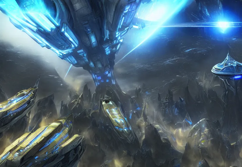 Image similar to protoss spaceship hovering above protoss city beautiful art uhd 4 k, artstation, hdr, 4 k, incredible detail, cinematic lighting, unreal engine 5