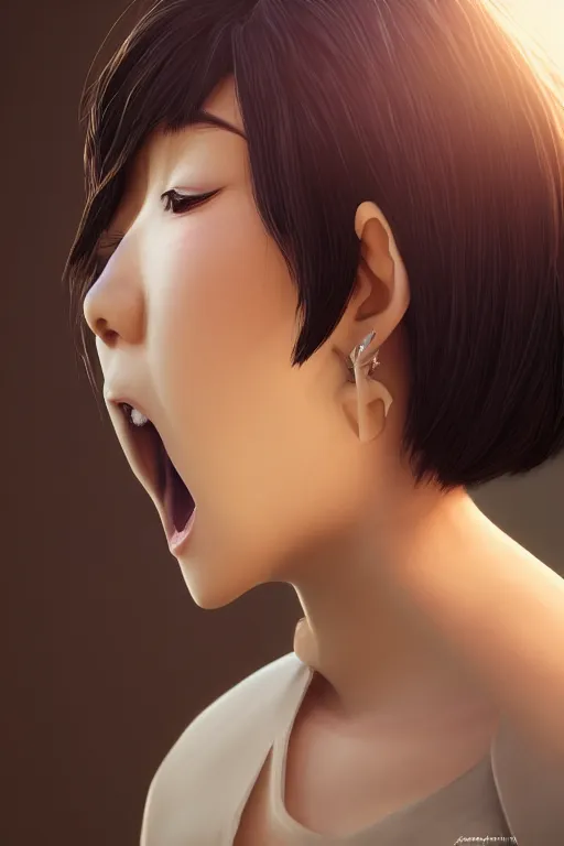 Prompt: a side view portrait of cute Asian girl singing, short hair, in the style of DreamWorks animation, low angle view, 16mm lens, award winning, hyper detailed, dramatic lighting, artstation, octane renderer, unreal engine