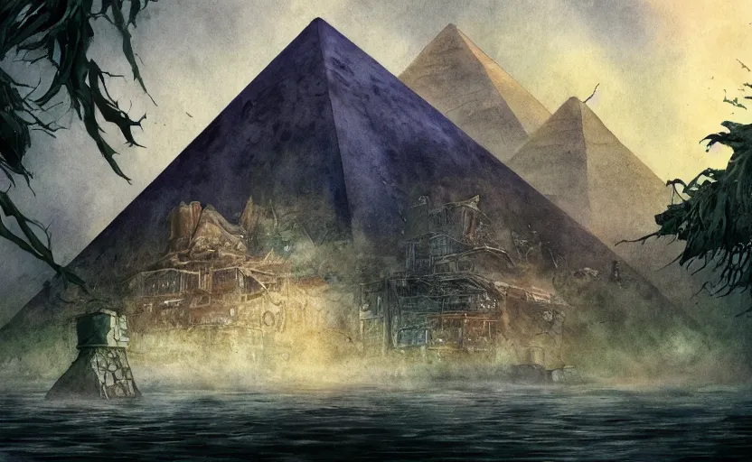 Image similar to a realistic and atmospheric cell - shaded watercolor concept art from howl's moving castle ( 2 0 0 4 ) of a sci - fi city and an egyptian pyramid complex in a flooded rainforest. very dull muted colors, hd, 4 k, hq