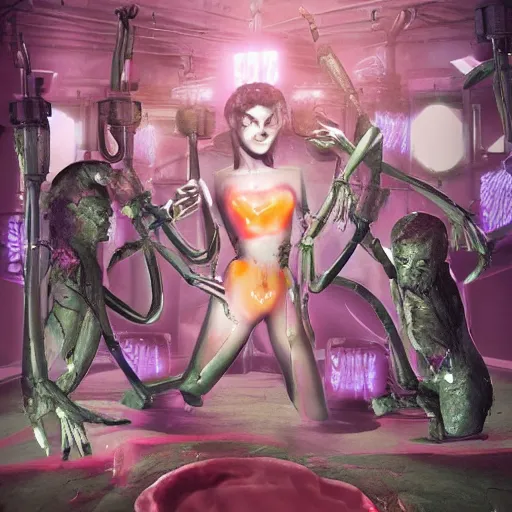 Prompt: nuclear powered love factory with latex clad nubile fembot androids being possessed by the machine spirit rikolo and doctor seuss with joan semmel and hr giger pastel high contrast cinematic light, mystical shadows, sharp focus, divine realm of gods, octane render