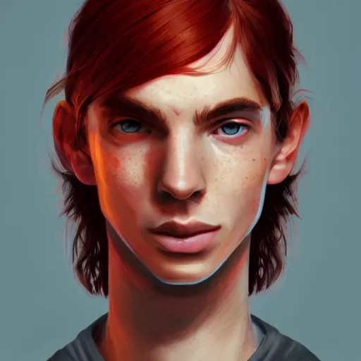 Image similar to portrait of a thin young man with long red hair, ponytail, a lot of freckles on his face, intricate, elegant, glowing lights, highly detailed, digital painting, artstation, concept art, smooth, sharp focus, illustration