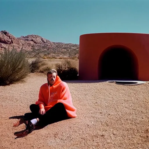 Image similar to a man wearing a salmon hoodie sitting outside a Non-Euclidean orb-like clay house sitting in the desert, vintage photo, beautiful cinematography, blue sky, film grain, James Turrell
