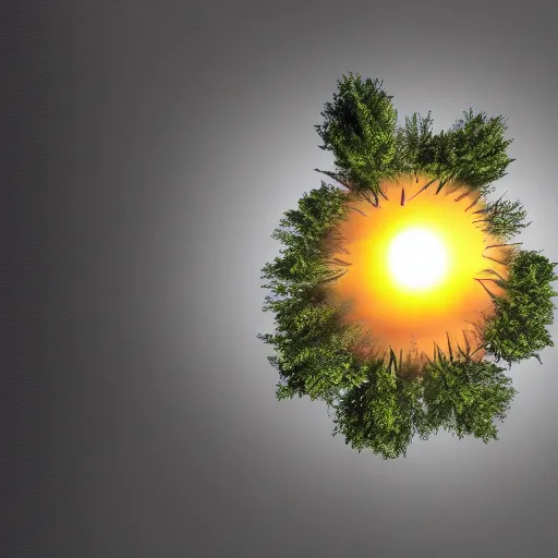 Image similar to upside down sun with trees coming out of it and enveloping it entirely, realistic, digital drawing, trending on ArtStation