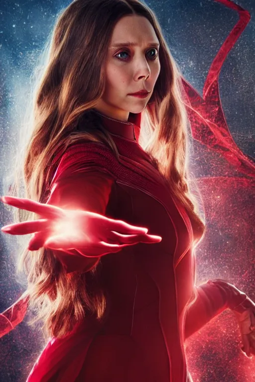 Image similar to movie poster!! [ scarlet witch emanates magic from her hands ]!! elizabeth olsen cast, trending on unsplash, 4 k photorealism, 4 k quality