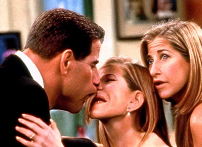 Image similar to film still of joe biden kissing rachel green on the cheek in the show friends