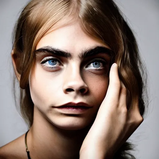 Image similar to photo of a gorgeous 20-year-old Cara Delevingne 1970s nerdy hairstyle by Mario Testino, detailed, head shot, award winning, Sony a7R -