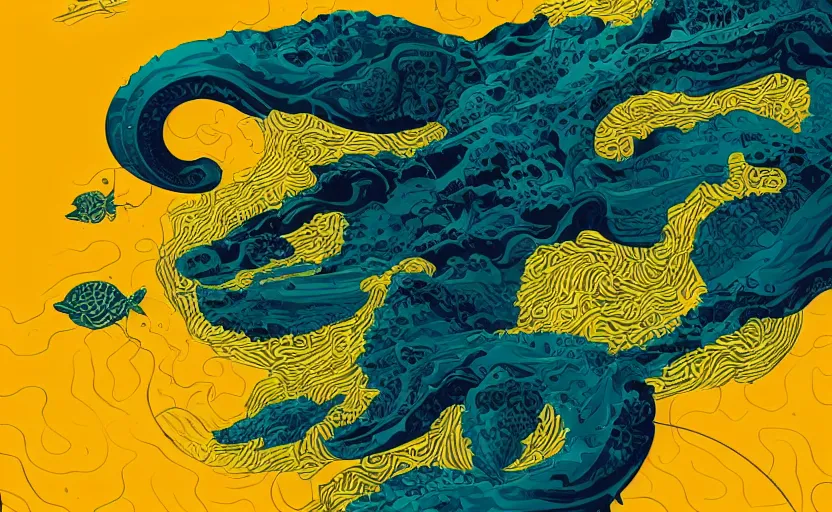 Prompt: dark ocean, complex patterns, yellow, artstation, intricate, realistic, highly detailed, digital painting, concept art, sharp focus, illustration by tom whalen and charles williams and kilian eng and james jean