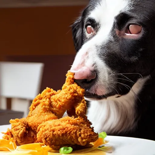 Prompt: a dog that is eating fried chicken