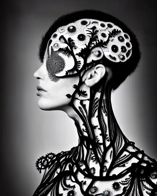 Image similar to surreal black and white photo portrait of complex bio-mechanical beautiful young female vegetal-cyborg with a Mandelbrot fractal metal fine lace face, silver hair, 150 mm lens, soft rim light, fine metal floral foliage super big lace collar by Alexander McQueen, high fashion, haute couture, rococo, steampunk, silver filigree details, anatomical, facial muscles, cable wires, microchip, elegant, hyper realistic, octane render, unreal engine, in the style Dora Maar, volumetric lighting, 8k,