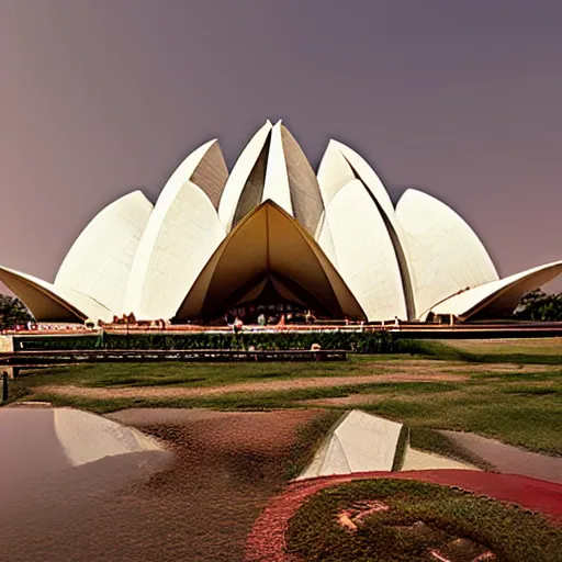 Prompt: futuristic lotus temple with gold, red and white marble panels, in strong sunshine in the desert, by buckminster fuller and syd mead, intricate contemporary architecture, photo journalism, photography, cinematic, national geographic photoshoot