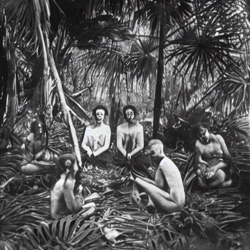 Image similar to lost film footage of a sacred in the middle of the ( ( ( ( ( ( ( ( ( tropical jungle ) ) ) ) ) ) ) ) ) / ethnographic object / tribal / sacred / film still / cinematic / enhanced / 1 9 0 0 s / black and white / grain