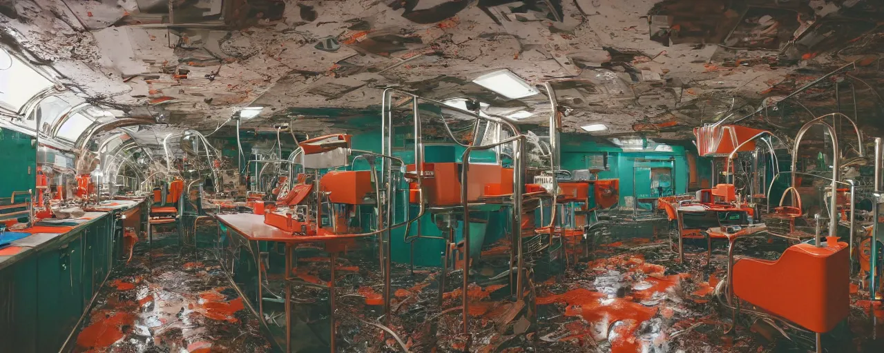 Prompt: Film still of a brightly lit science lab on a space ship, metal, floor grills, ventilation shafts, dusty, orange and red lighting, burning fire, water dripping, puddles, wet floor, rust, decay, green vines, overgrown, tropical, Cinestill colour cinematography, anamorphic