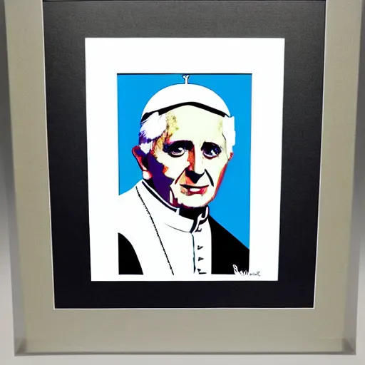 Image similar to portrait of pope benedict xvi screen print. pop art, high detail 8 k