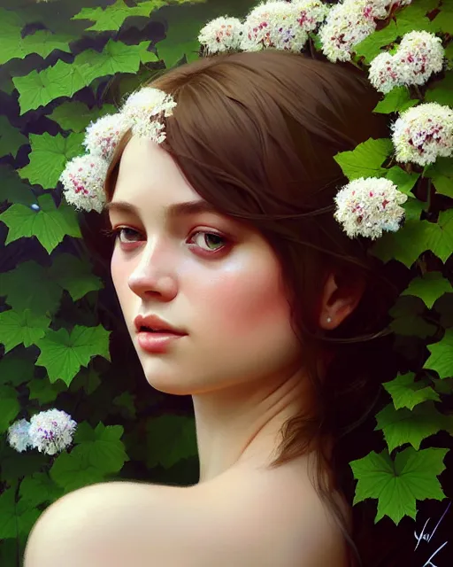Prompt: stylized portrait of an artistic pose, composition, young lady sorrounded by nature, ivy's, flowers, realistic shaded, fine details, realistic shaded lighting poster by ilya kuvshinov, magali villeneuve, artgerm, jeremy lipkin and michael garmash and rob rey