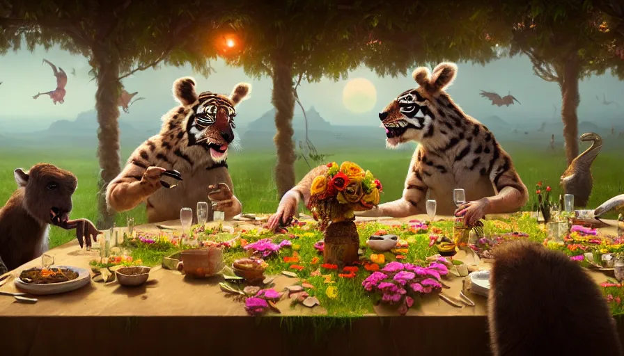 Image similar to a table dinner of exotic animals where animals are dressed like the characters from the midsommar movie wearing flowers, sharp focus, realistic detailed digital art by maxwell boas jessica rossier christian dimitrov anton fadeev trending on artstation cgsociety rendered in unreal engine 4 k hq