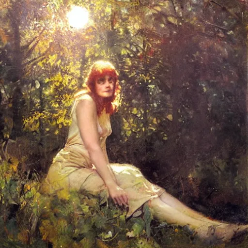 Image similar to young woman lost in a forest, by dean cornwell, sunlit