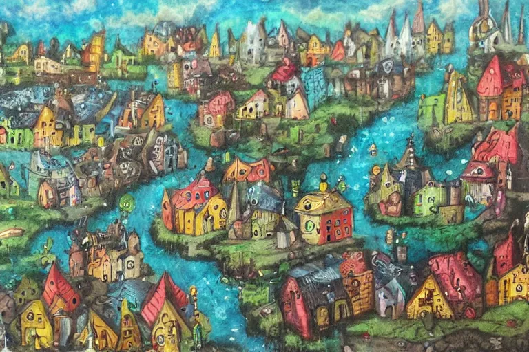 Image similar to a small fantasy town, mixed media on canvas, 2 d, whimsical,