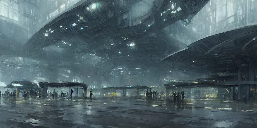 Image similar to futuristic train station by greg rutkowski and ruan jia, washed colors, dark, moody, gloomy, foggy,