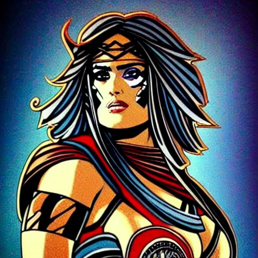 Image similar to illustration of Salma Hayek as a barbarian warrior intricate details by MARVEL comics and Sandra Chevrier , elegant, highly detailed , centered