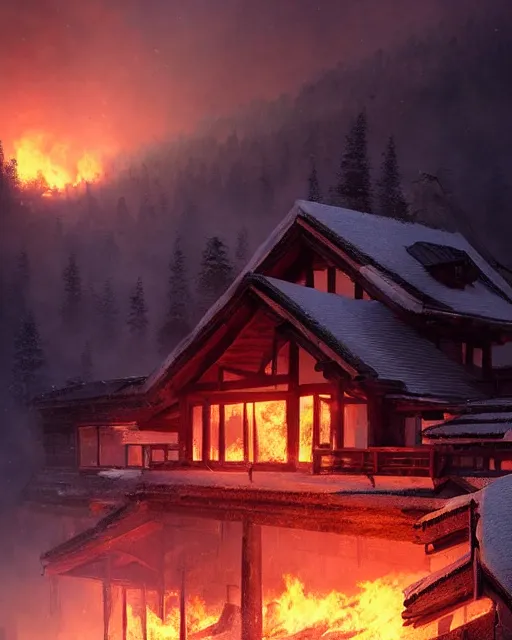 Image similar to mountain chalet covered in fire, smoke, sunrise, snow, sharp details, sharp focus, elegant, highly detailed, illustration, by Jordan Grimmer and greg rutkowski and PiNe(パイネ) and 薯子Imoko and 香川悠作 and wlop and maya takamura, intricate, beautiful, Trending artstation, pixiv, digital Art