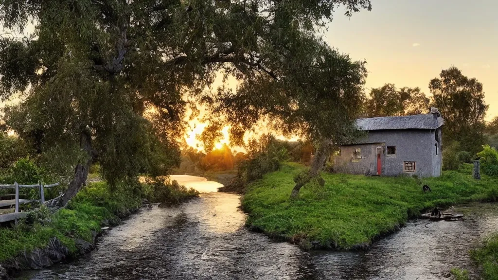 Prompt: small grey wooden cottage by the river, a tree with vines wrapped around it, two crows singing on the tree, tranquility, arch bridge over the river, the bridge path to remote, chill wind, an old man riding a skinny horse on the road, sunset