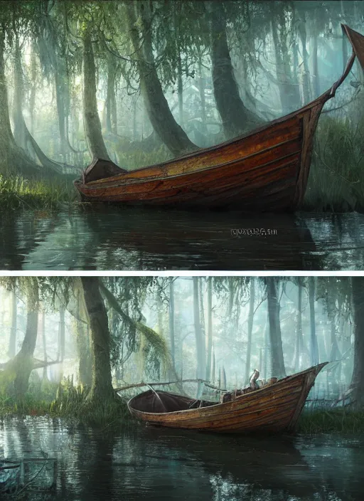 Prompt: painting of a boat in a swamp, a detailed matte painting by senior environment artist, cgsociety contest winner, fantasy art, concept art, matte painting, cryengine