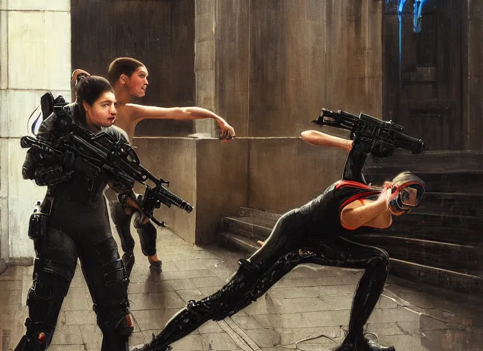 Prompt: Maria evades sgt Nash. Cyberpunk hacker in jumpsuit escaping menacing police troopers (blade runner 2049). beautiful face. armbar. Iranian orientalist portrait by john william waterhouse and Edwin Longsden Long and Theodore Ralli and Nasreddine Dinet, oil on canvas. Cinematic, hyper realism, realistic proportions, dramatic lighting, high detail 4k