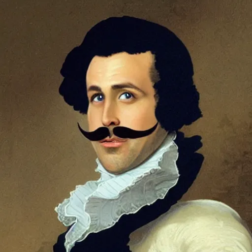 Prompt: portrait of ryan gosling as a 1 8 th century french aristocrat, large mustache,