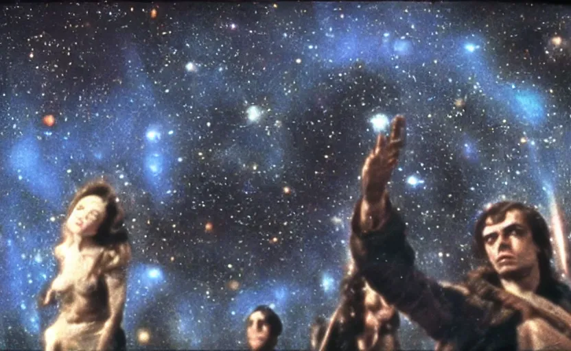 Image similar to scene from cosmologica ( 1 9 6 9 ), a movie by luchino visconti showing a man played by mastroianni leaving the medieval cosmos to enter the new modern universe in the style of renaissance cosmological painting. blue sky with a lot of stars and planets. cinematic, technicolor, direct lighting, highly detailed, highly intricate.