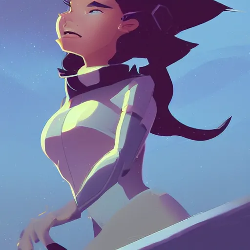 Image similar to a girl looking to the skies by greg tocchini, by james gilleard high quality, cartoon, digital painting, by don bluth and ross tran