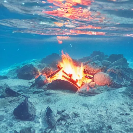 Prompt: photo of a camp fire underwater, highly - detailed