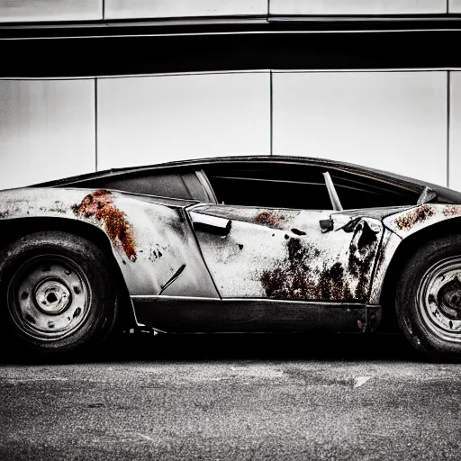 Image similar to black and white press photograph of a rusted abandoned lamborghini on a busy city street, sideview, detailed, natural light, mist, film grain, soft vignette, sigma 5 0 mm f / 1. 4 1 / 1 0 sec shutter, imax 7 0 mm footage