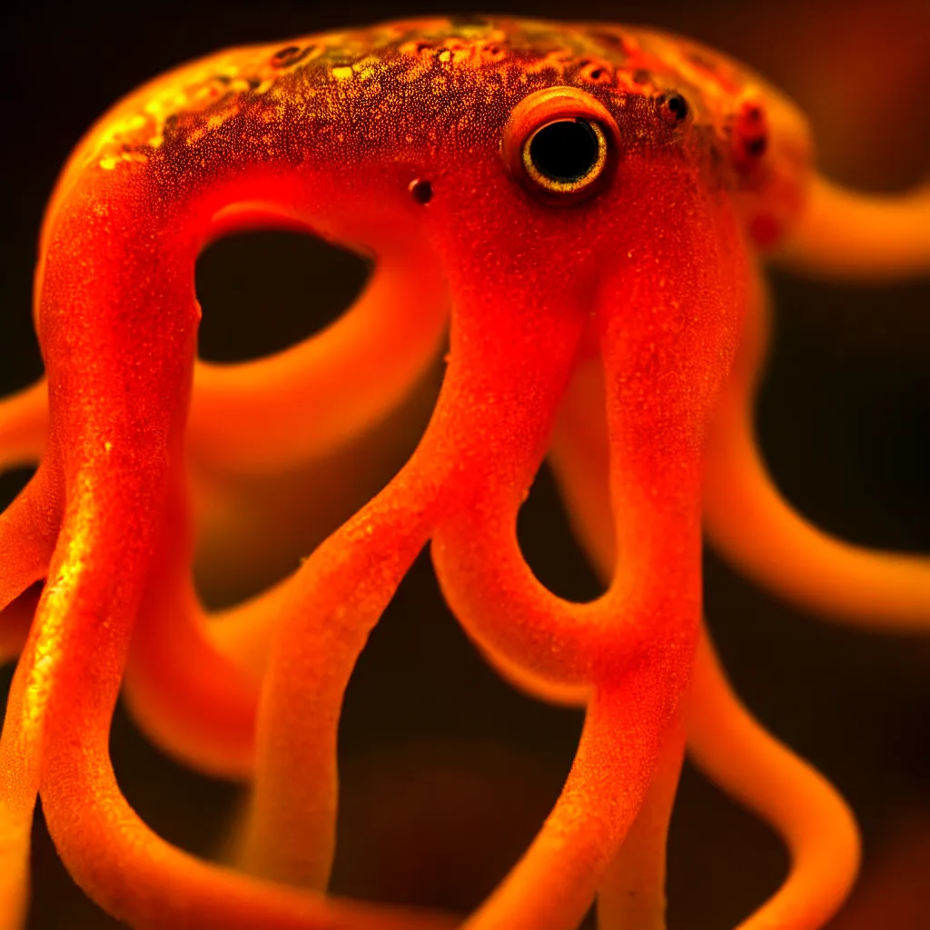 Image similar to fiery whimsical emotional eyes cephalopod, in a photorealistic macro photograph with shallow dof