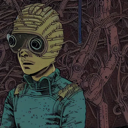 Image similar to in the style of Geof Darrow and deathburger and laurie greasley a close up of a young explorer wearing a cyberpunk headpiece sitting within an ancient and dense mechanical forest, highly detailed, 8k wallpaper
