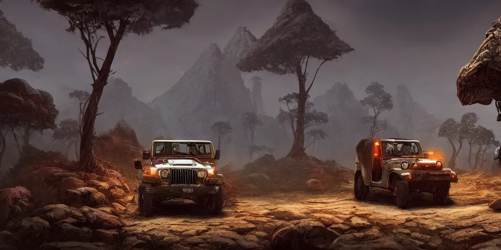 Prompt: mahindra thar, an epic fantasy, dramatic lighting, cinematic, establishing shot, extremely high detail, photorealistic, cinematic lighting, artstation, by simon stalenhag, the elder scrolls iii : morrowind, the nerevarine drives across morrowind