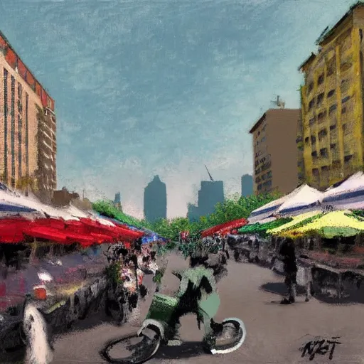 Prompt: a concept matte paint of a 21st century street food market, art by Monet and Banksy