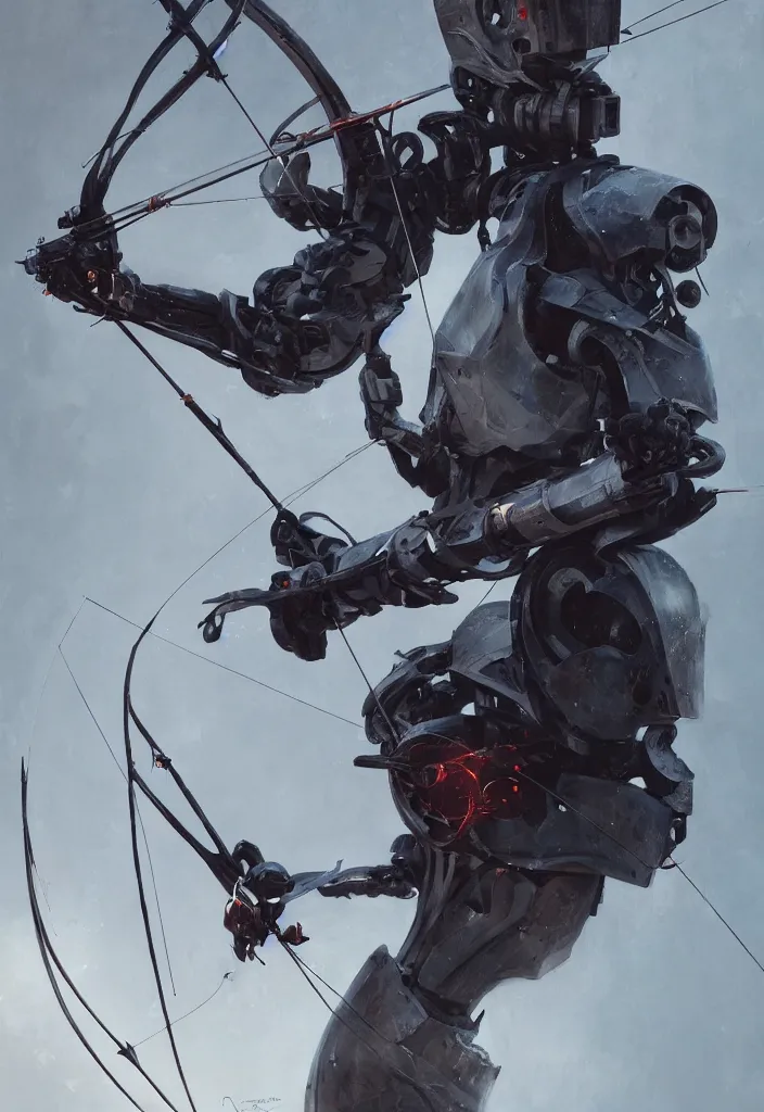 Image similar to a close up portrait of a robot holding a bow and arrow by greg rutkowski, sung choi, mitchell mohrhauser, maciej kuciara, johnson ting, maxim verehin, peter konig, 8 k photorealistic, cinematic lighting, hd, high details, dramatic, dark atmosphere, trending on artstation