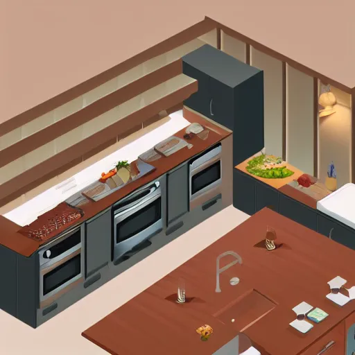 Prompt: isometric view of a kitchen inside a large house
