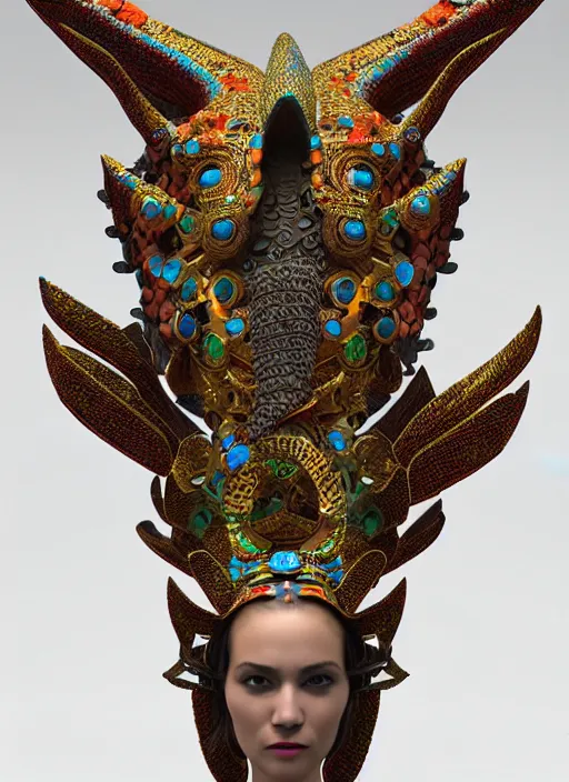 Prompt: 3 d goddess close - up profile portrait. beautiful intricate highly detailed mexican magpie helm and traditional mexican huipil! quetzalcoatl, stingray, bio luminescent, plasma, lava, ice, water, wind, stormy, creature, artwork by tooth wu and wlop and annie leibovitz, octane 3 d render