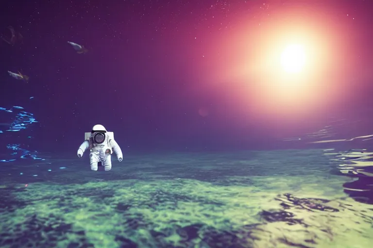 Prompt: astronaut underwater in the ocean at night, volumetric lighting, glowing lights, 4k, octane, unreal engine,